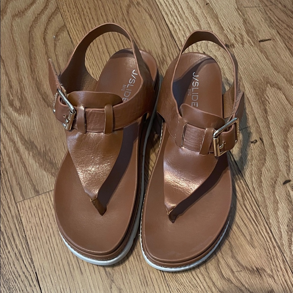 J/SLIDES Tan Leather Sandals with Buckle